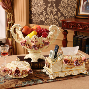 欧式果盘套装奢华创意现代客厅家用纸巾盒陶瓷水果盘三件套装摆件