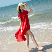 沙滩裙海边度假2023红色连衣裙女夏显瘦中长款波西米亚海滩裙