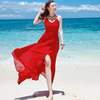 夏红色(夏红色)吊带长裙雪纺露背不规则连衣裙波西米亚长裙海边度假沙滩裙
