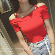 大码女装一字领修身t恤短袖性感大红色，女打底衫