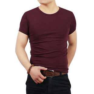 男士枣红净色圆领贴身打底衫，夏装短袖纯棉弹力，修身大码半袖t恤潮