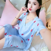 韩版棉绸睡衣女夏短袖(夏短袖，)短裤绵绸家居服人造棉，套装两件薄款甜美可爱