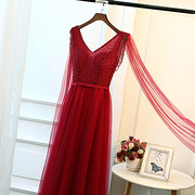 红色长款晚礼服婚纱裙，2023秋季新娘，结婚敬酒服女显瘦高腰孕妇