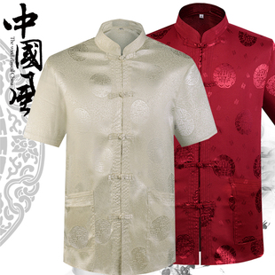 夏季短袖男士唐装汉服中老年人，爸爸衬衫老人中式男装衣服爷爷夏装
