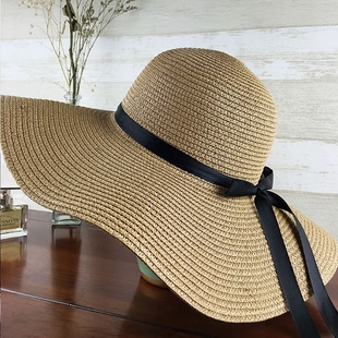 帽子女夏天沙滩帽海边渡假帽蝴蝶结飘带遮阳帽，女防晒草帽可折叠