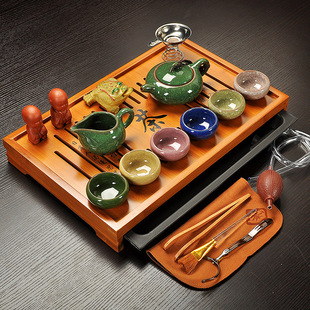 冰裂紫砂陶瓷功夫茶具套装家用茶壶，茶杯整套竹子实木茶盘茶台