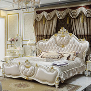 欧式真皮双人床高档卧室豪华太子床实木雕刻头层牛皮婚床1.8米2米