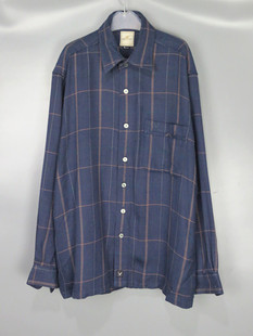 Vintage 古着中古日系复古工装深蓝色条纹格子羊毛长袖衬衫