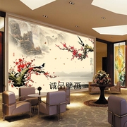 中式古墨山水画墙纸国画喜鹊报春梅花图壁纸大型壁画电视背景墙