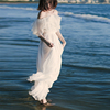 奈良海南三亚沙滩裙女夏季白色长裙雪纺，海边度假裙子一字肩连衣裙
