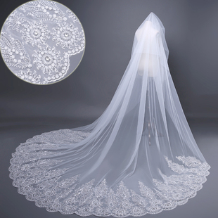 韩式浪漫蕾丝长拖尾镶嵌水钻软纱头纱，3.8米超长新娘结婚头纱
