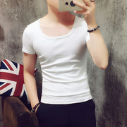 夏季男士纯色圆领t恤修身白色短袖韩版潮流青少年低领打底衫半袖