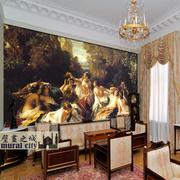 欧式西方古典油画墙纸浴女图壁纸，大型壁画酒店大堂餐厅沙发背景墙