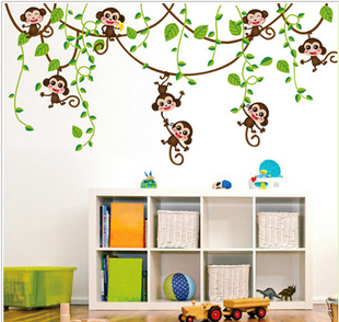 卡通猴子绿叶藤蔓墙贴纸儿童，房教室幼儿园客厅卧室屋顶装饰可移除