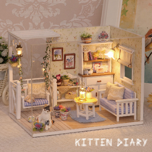 diy小屋小猫日记手工，制作拼装小房子模型，玩具情人节礼物生日女生