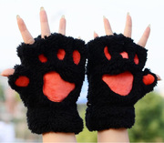 秋冬季加厚保暖半指可爱女士毛绒学生时尚键盘猫爪手套一件