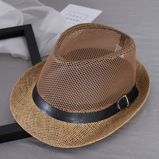 夏季男士草帽子太阳帽网眼透气遮阳凉帽爵士礼帽，情侣度假沙滩夏天