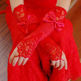 白色缎面蕾丝新娘，手套结婚露指红色，婚纱手套长款婚礼服手套