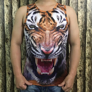 3d动物老虎头男士背心修身型坎肩紧身运动猩猩豹纹，无袖t恤马甲夏