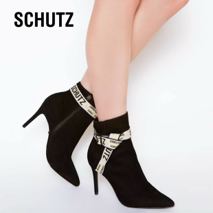 Schutz秋冬品牌LOGO文字织带反绒牛皮尖头细跟短筒靴女踝靴