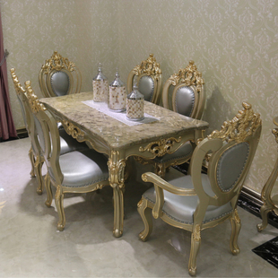 欧式餐桌椅组合美式实木田园，长方形大理石6人饭桌，高档别墅吃饭桌