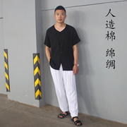 夏季中老年人造棉开衫套装男装圆领短袖家居服绵绸睡衣长裤两件套