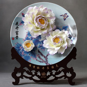 14寸烤花洛阳牡丹瓷盘子花挂盘摆件花开富贵陶瓷器家居装饰品