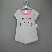 夏季薄款中小女童宝宝，全纯棉卡通猫咪蝴蝶结，中长款短袖t恤汗衫