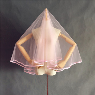 凯蒂婚饰粉色头纱短款缎面包边，1.5米新娘摄影拍写真个性婚纱头纱