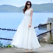 2023夏装白色雪纺长裙仙，气质大摆连衣裙，海边度假沙滩裙女长款