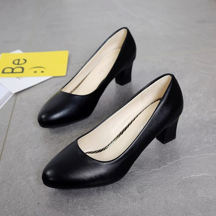 5cm工作鞋黑色职业单鞋女士皮鞋 女中跟正装ol面试高跟浅口女鞋