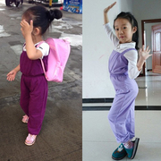 儿童女舞蹈背带吊带裤女童女孩，专用紫色秋季中国舞练功服连体跳舞