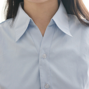 女衬衣韩棉粉色衬衫细斜条纹，职业领修身短袖浅蓝白工作服正装v
