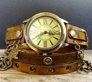 美国brown㊣手作复古风格，浅棕色皮革环绕手镯手表欧美腕表