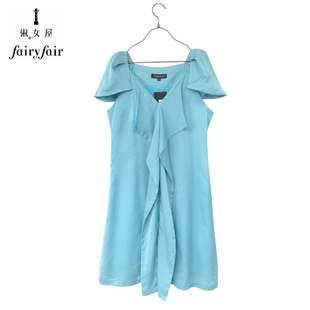 fairyfair清爽天蓝色花瓣袖，v领波浪边丝滑高端短袖连衣裙