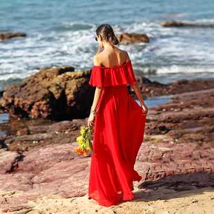 沙漠旅游穿搭拍照红裙，度假连衣裙海边沙滩，裙一字肩大红色长裙女夏