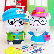 情侣款创意卡通石膏娃娃存钱罐搪胶白坯小猪涂色玩具大号配颜料笔
