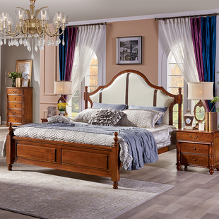 美式床全实木床白色，欧式真皮双人床胡桃木1.8米公主婚，床卧室家具