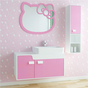 格格屋粉色小猫咪卡通浴室镜，儿童卫生间浴室柜卫，浴柜洗手盆柜