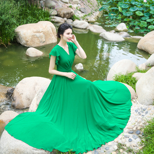 绿色连衣裙女长款2022年夏季法式显瘦雪纺大摆超长波西米亚裙