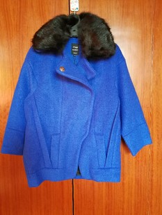 艾ag格蓝色条纹，大翻领宽肩夹克式羊毛大衣女外套140121220*