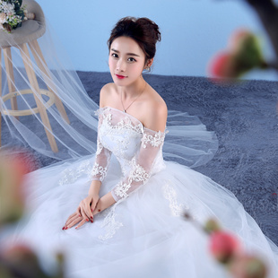 2021一字肩婚纱礼服新娘，公主齐地显瘦韩式孕妇大拖尾婚纱奢华