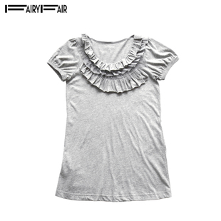 夏季fairyfair浅灰色高端纯棉，荷叶边套头，短袖纯色针织衫t恤