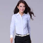 撞色领条纹女长袖衬衫浅蓝色竖纹职业装正装白领工作服上班时尚