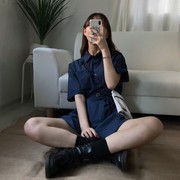 简单1夏天~少女，感简单衬衫翻领连衣裙，韩国复古学院宽松短袖