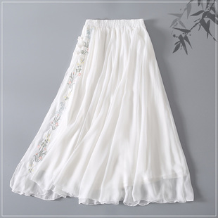 中国风刺绣花雪纺，中式半身裙文艺复古中长款裙子白色禅意茶服