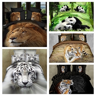 3d立体动物四件套霸气熊猫，老虎狮子床上用品床单被套个性豹子黑色