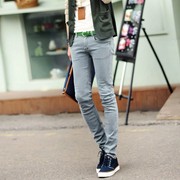 韩国做旧浅蓝色小脚弹力紧身牛仔裤，男复古春季显瘦小脚牛仔铅笔裤