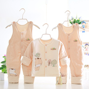 宝宝薄棉套装春秋季3-6个月新生儿男女夹棉衣1岁婴儿背带裤三件套