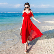 雪纺吊带露肩连衣裙大红色燕尾长裙，海南三亚旅游不规则裙子沙滩裙